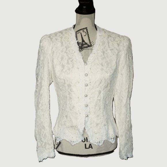 COPY - Galleria dress vintage cream lace top blazer with shoulder pads pearl de… - Picture 1 of 10